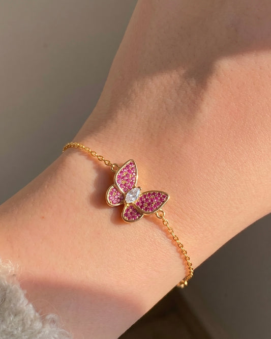 Pink Ruby Butterfly Bracelet Gold Plated