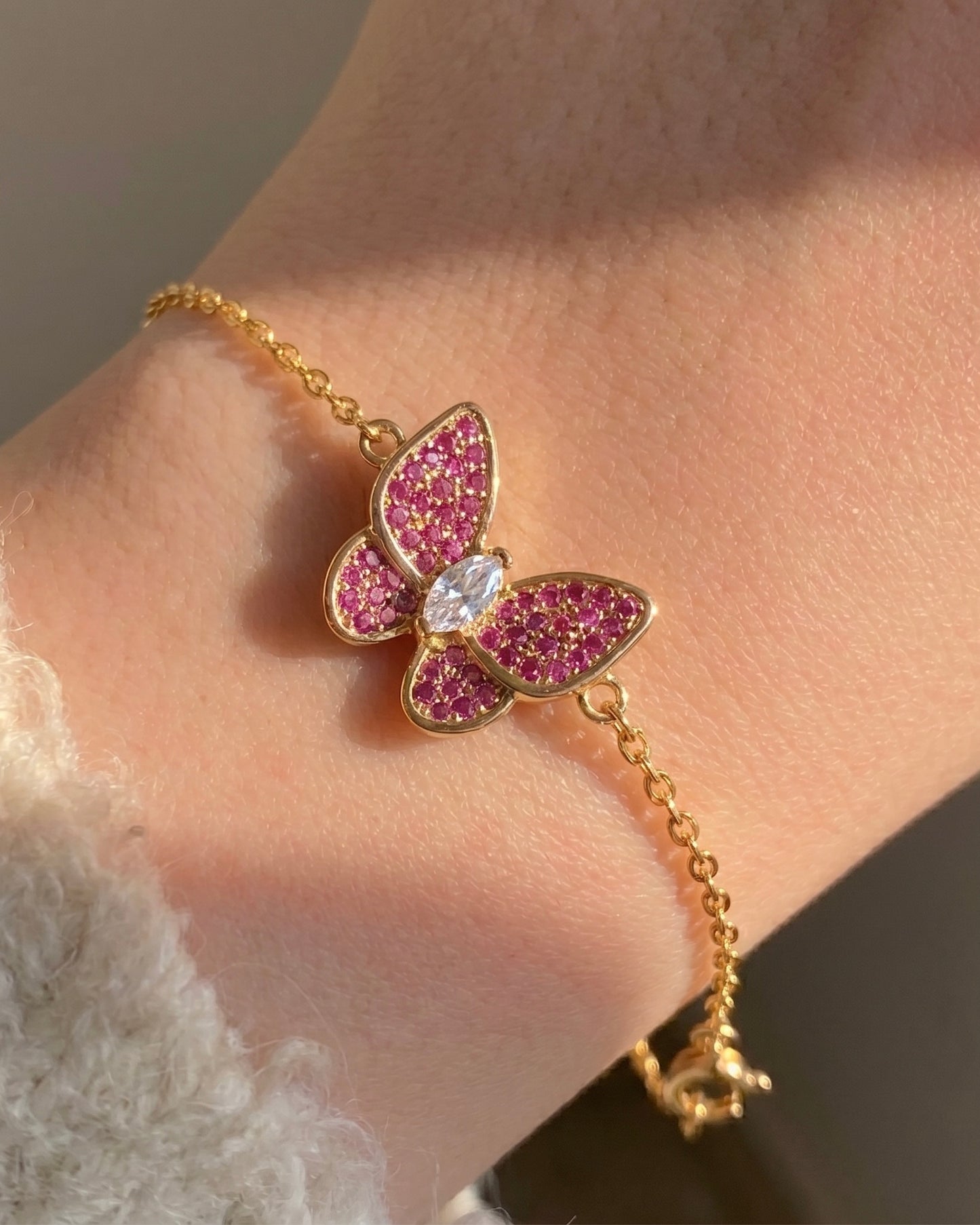 Pink Ruby Butterfly Bracelet Gold Plated