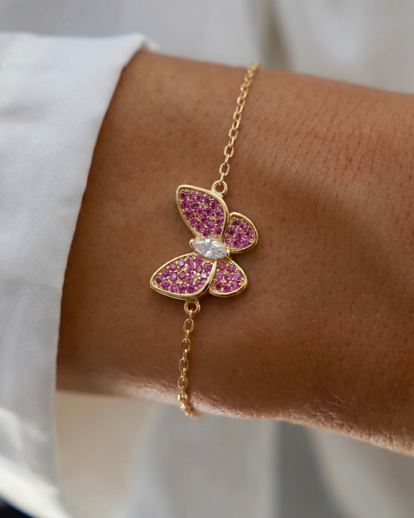 Pink Ruby Butterfly Bracelet Gold Plated