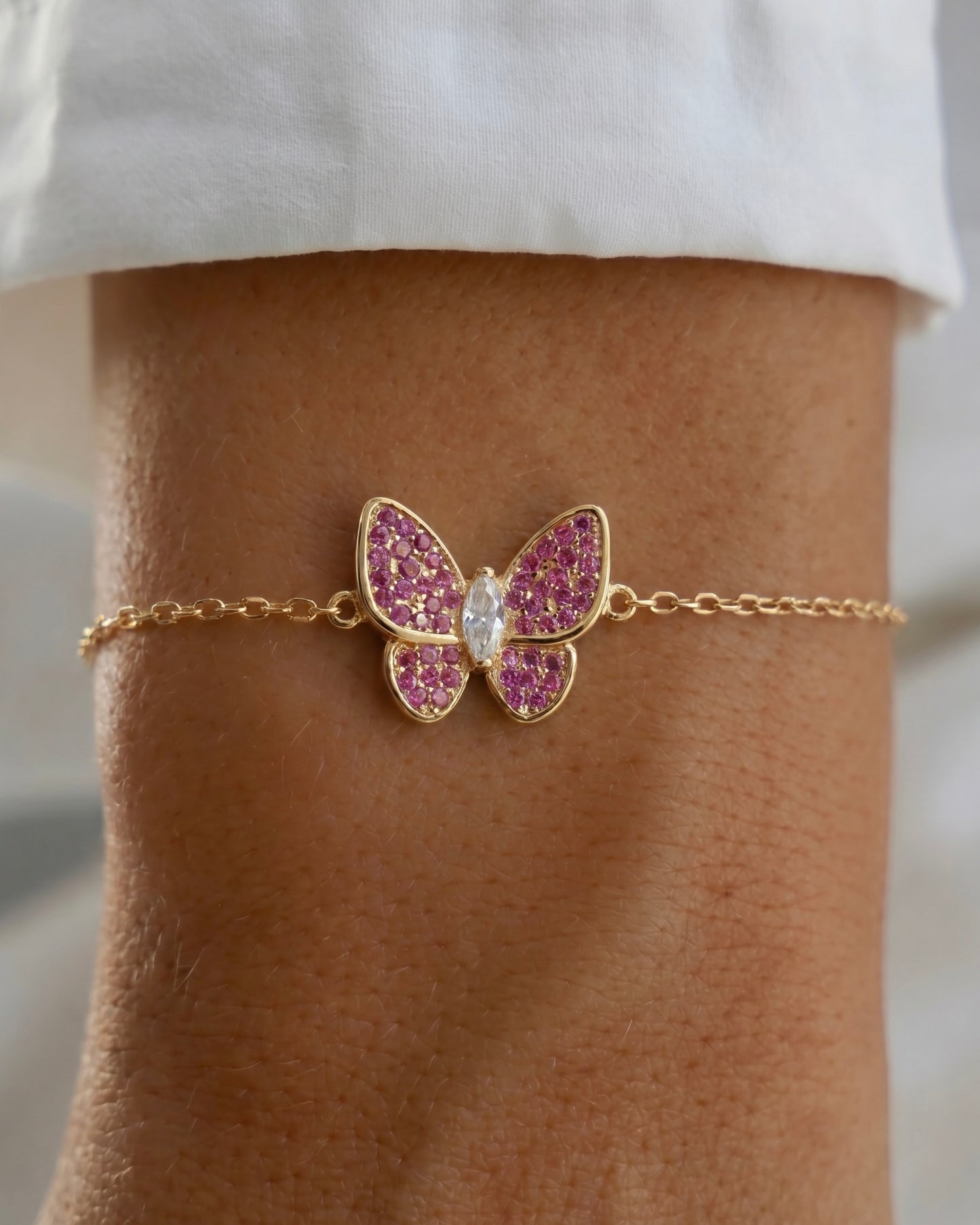 Pink Ruby Butterfly Bracelet Gold Plated