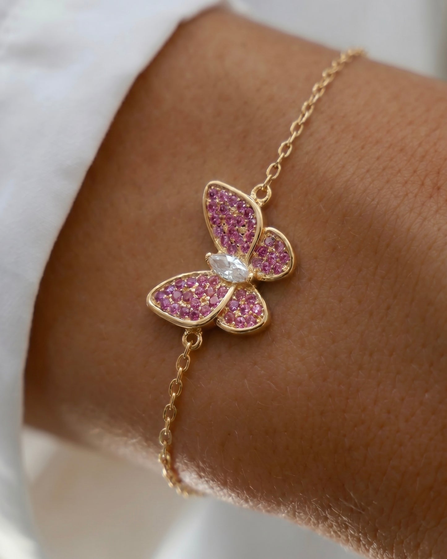Pink Ruby Butterfly Bracelet Gold Plated